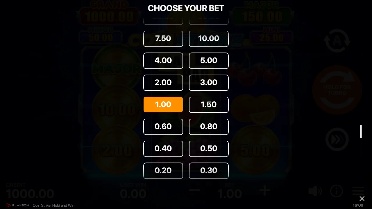 Coin Strike: Hold and Win Slot Configuração de Aposta